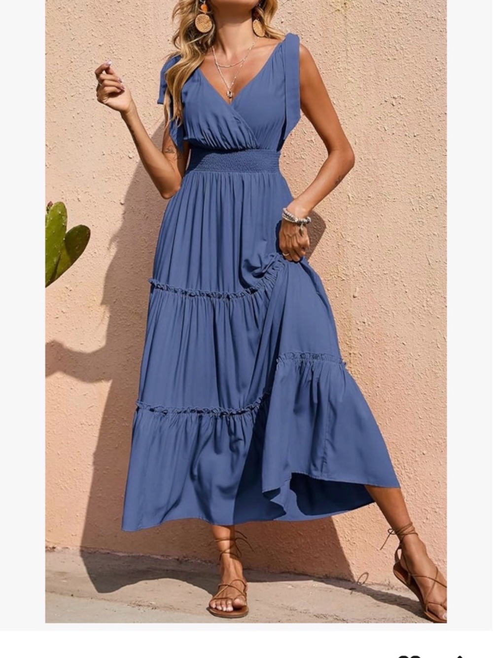 Women’s Blue Tie-Shoulder V-Neck Tiered Maxi Dress